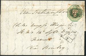 55. GB. 1/- Embossed on cover to Meerut, India, cancelled with number "23" and a postmark from "Bombay Bearing  12" beside. A red Maltese cross postmark at reverse. A horizontal crease goes through the stamps, and the stamps has also a small fault on top.