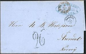 Komplet, ufrankert brev, stemplet "Malaga 2 Set 59", "Espagne Par St. Jean-De-Luz" samt fransk portotall "26" på forsiden og sendt til Arendal.Baksiden med 5 stempler, bl.a. "Sandøsund 15.9.1859".