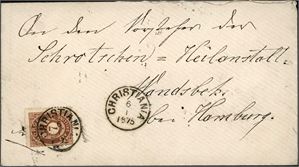 21. 7 skilling posthorn på konvolutt til Hamburg, stemplet "Christiania 6.1.1875". Ankomststempel på baksiden.