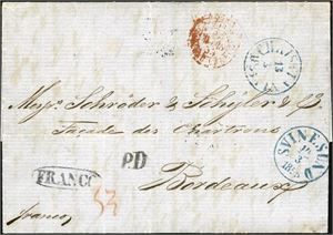 Komplett betalt brev, stemplet "Christiania 13.3.1855" og sendt til Bordeaux. Transittstemplet "Svinesund". "K.S.N.P.A. Hamburg" samt franske stempler på for- og baksiden.