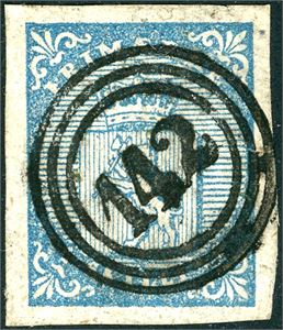 1. 4 skilling våpen 1855, anert med nummerstempel "142" (Jælse, RO, 10 pkt). Gode marger.