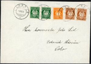 238,239,241. Fem Posthornmerker på konvolutt, annullert med hjelpestempel "Hornnes 9.3.43" (AA).