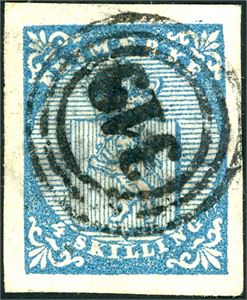 1. 4 skilling våpen 1855, anert med nummerstempel "319" (Ulfsten MR, 7 pkt). Gode marger.