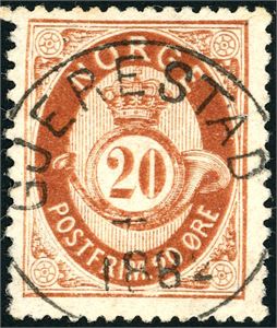 27. 20 øre skravert Posthorn, vakkert stemplet "Gjerestad" i 1882.