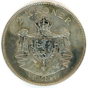 2 kroner Jubileum 1907 med korslagte geværer. 1