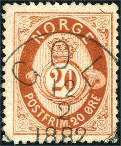 27. 20 øre skravert Posthorn, rettvendt stemplet "Gol 12.2.1882" (BU).