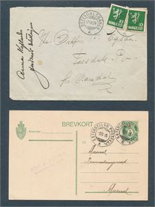 Brevkort og brev stemplet "SÆTERSDALSBANEN A 1916" og "SETESDALSBANEN A 1926" (Grad 4 og 5)