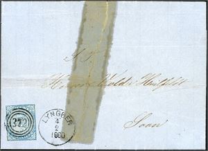 1. 4 skilling våpen 1855 på brevomslag, annullert med trerings "372" og ved siden stemplet "Lyngøer 4.2.1860". Merket er nær uten marger og omslaget med en stor anmerkning.