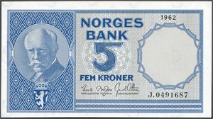 5 kroner 1962, serie J.0491687. 0