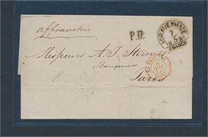 NEDERLAND Frimerkeløst brev stemplet "s'GRAVENHAGE 7-5-1854" til Paris