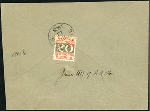 Unfranked letter with "Christiansted" cds in 1896 and sent to St.Thomas. One 20 BIT Postage Due at reverse, cancelled "St. Thomas 27.12.1906".