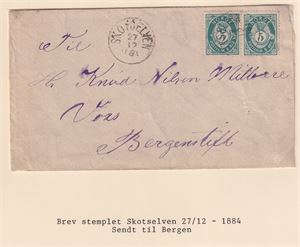 NK 42 , Par av NK 42 på brev st. Skotselven 27/12-1884, sendt til Bergen