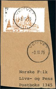 740. 1 kr UPU 1974 variant "Manglende grønnfarge" på brevstykke, stemplet "Veitvet 3.10.75".