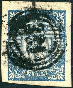 1. 4 skilling Våpen 1855, annullert med litt tungt nummerstempel "331" (Vanelven, MR, 10 pkt). Tre gode marger, litt varierende nede. Attest Enger.