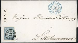 1. 4 skilling våpen 1855 på komplett brev, annullert med nummerstempel "42" og ved siden stemplet "Christiania 17.1.1857". Merket med gode marger.