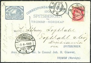 77. 10 øre Posthorn på en "Correspondance Speciale 1900 Spitsbergen via Tromsø-Nordkap" (av Joh.H. Giæver), stemplet "Bergen 4.8.00" og sendt til Kristiania. Ankomststemplet "Kristiania 7.8.1900" ved siden.