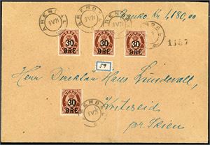 88. Fire 30 øre Provisorie på bankokonvolutt (Kr 1.180,-), stemplet "Arendal 9.5.21". En svak vertikal arkivbrett, berører ikke merkene.