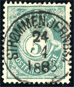42 I. 5 øre 21 mm, vakkert fullstemplet "Strømmen Jernbst. 24.4.1885".