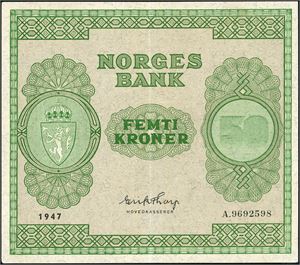50 kroner 1947, serie A.9692598. 1+