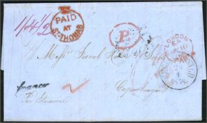 A complete letter, dated "St. Croix" and sent to Denmark. On the front a quite rare single line "Paid at st-Thomas", "Christinested 29.4.1858" and transitt cds "London EA My 10 1858". On reverse two different postmarks from St. Thomas and two from Hamburg.