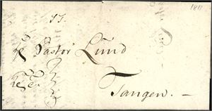 Komplett brev fra Reggestad (en bondegård nær Holmestrand) til Tangen 23 juli 1811. Levert direkte på postruten som gikk forbi (underveisbrev). *
