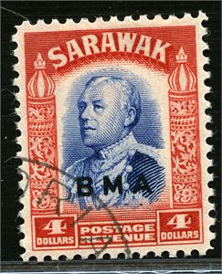SARAWAK 143. $4 "BMA", light cancel, fine item! (£70)