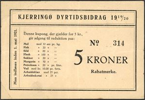 Kjerringø Dyrtidsbidrag 1919/20, 5 kroner, Rabatmerke. Bl.a. to hjørnebretter. 1
