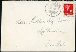 145. 20 øre Løve II på konvolutt, anert med hjelpestempel "Birkeland 22.1.29".