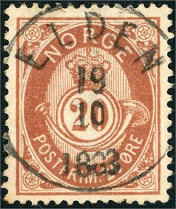39 Y. 20 øre brun med stående vannmerke, rettvendt fullstemplet "Elden 19.10.1883". Luksus.