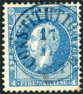 4. 4 skilling Oscar, anert med dampskipsstempel "Constitutionen 17.11.1857" i blått. Attest.