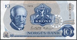 Syv stk 10 kroner 1973, serie QJ 0178402/08. Erstatningssedler. 0/0-