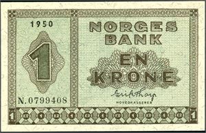 1 krone 1950, serie N.0799408. 0/01