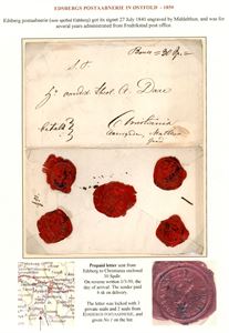 Bankokonvolutt (30 Spd), sendt forhåndsbetalt fra Eidsberg til Christiania 1. mars 1850. Baksiden med 5 segl, hvorav 2 segl fra "Edsbergs Postaabnerie". Konvolutten er åpnet i sidene for utstillingsmontering.