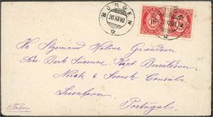 53. 20 øres porto til Portugal. To 10 øre 20 mm på konvolutt, stemplet "Borøen 20.12.92" og sendt til Lissabon. "Arendal" samt ankomststempel på baksiden.