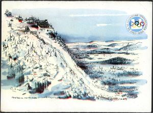 OL 1952, Oslo. Rødkleiva slalombakke. Tegnet kort. Øvre høyre hjørne med brekk. Brukt i 1952. K-3