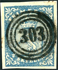 1. 4 skilling våpen 1855, anert med et tydelig "306" (Throndhjem, ST). To gode- og to smale marger.