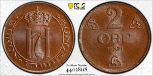 2 Øre 1921 Kv 0, vakker PCGS MS66BN *