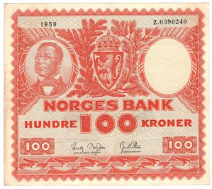 100 kroner 1959 Z.0390240. Erstatningsseddel. SSS-seddel. 44c. Kv.1+