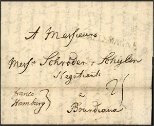 Komplett brev fra Fredrikstad til Bordeaux i 1744. Betalt 11 L.sk til Hamburg, stemplet "Dallemagne" (type 2) og satt i port med 25 Sols.