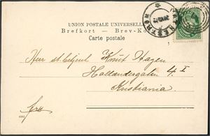 99. 5 øre Posthorn på postkort, anert med 4-rings "5" (Skreros, Vegusdal, AA), og ved siden stemplet "Vatnestrøm 20.8.12".