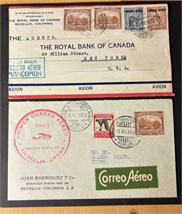 COLOMBIA FFC Mendelin-Uraba 1933 med rødt UMCA stempel og luftpostbrev med selskapet Mancom til New York 1932, åpnet på 3 sider
