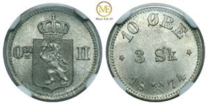 10 øre/ 3 skilling 1874 Oscar II. Kv.0