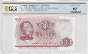 100 kroner 1963 X, Specimen PCGS 63 Choice UNC (R-seddel)