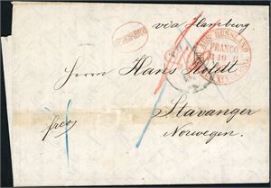 Komplett brev stemplet "Riga 18.10.1867" og sendt ufrankert til Stavanger. Rødt stempel fra jernbanen "Eydtkuhnen-Bromberg og påskriften "via Hamburg" er også på forsiden, baksiden med to stempler fra "Hamburg" samt "Christiania 5.11.1867". brevet med horisontal arkivbrett.