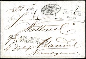 Komplett brev, datert Riga 25/6 1842" og sendt til Mandal, stemplet "Riga" og "Aus Russland Franco-Tout" på forsiden. Baksiden stemplet "Tilsit 7. Juni" og"Stralsund".