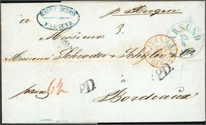 Komplett brev, stemplet "Farsund 25.9.1853" i blått og sendt til Bordeaux. Dirigeringspåskrift "pr Bergen" samt transittstempel på forsiden. "Hamburg" og ankomststempel på baksiden.