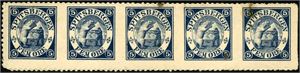 Spitsbergen etikett nr 12 vt2. 5 øre blå 1898 i 10-stripe med variant "utagget mellom merkene". Noen anmerkninger.