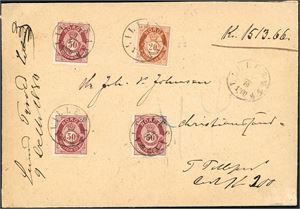 27,30. 170 øres innenlandsporto. 20 øre- og tre 50 øre skravert Posthorn på bankokonvolutt (Kr 1513,66), stemplet "Lillesand 9.10.1880".