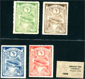 Umberto Nobile Italia Airship expedition. Four labels in different colours. Also an Italian 1,20 Lire stamps with "overprint" "Esplorazione Polare Nobile Dirigible Italia 1928" at the glue side.