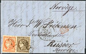 42,43. France. 70 centimes postage to Norway. 30 c and 40 c on complete letter to Rissøer, cancelled with number "1769" and "Le Havre 16.6.1871" at side. Both stamps with margins at all sides.
